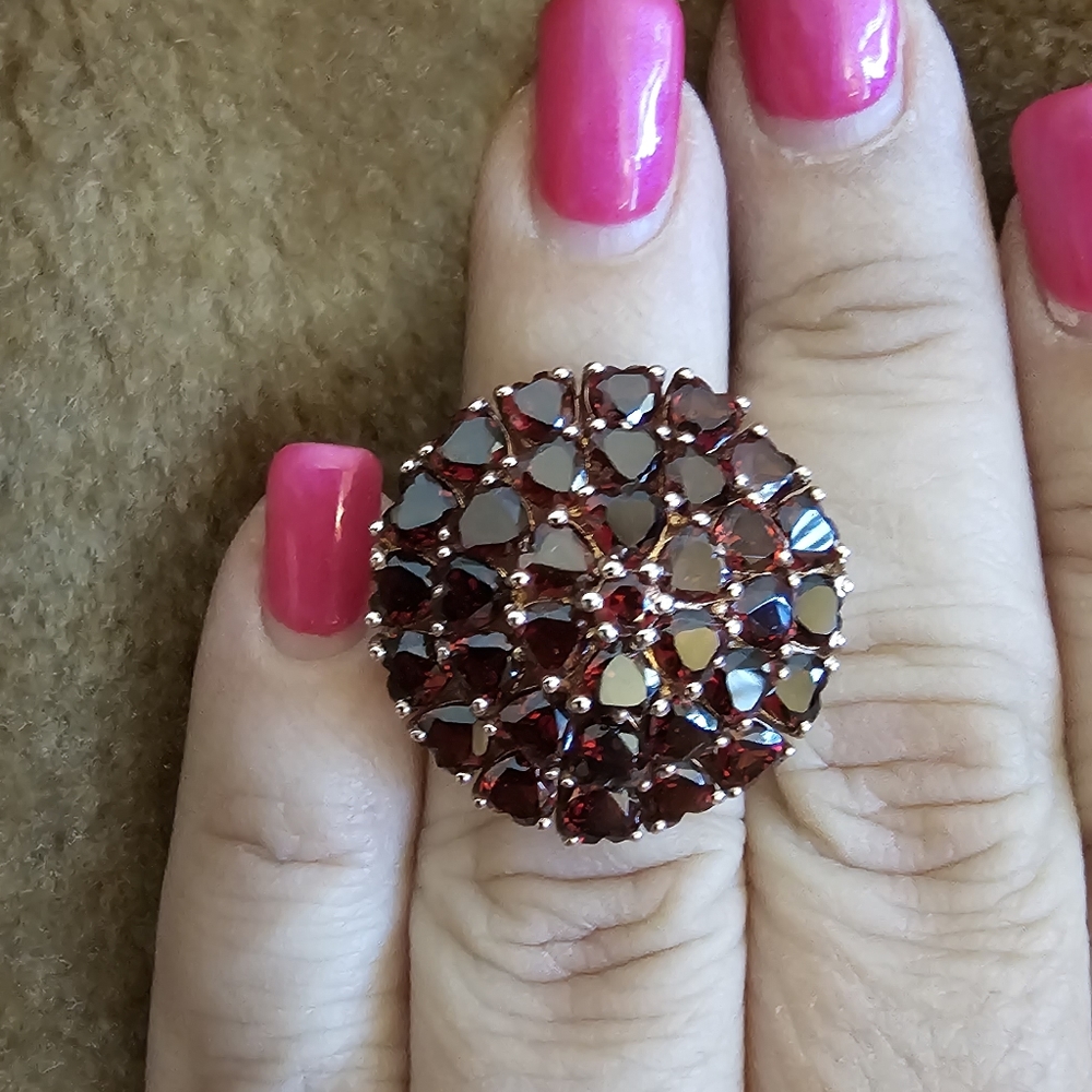 Sz 5.25, Garnet Heart Shaped Cluster Ring,925 Silver, 14K Rose Gold Overlay, NWT